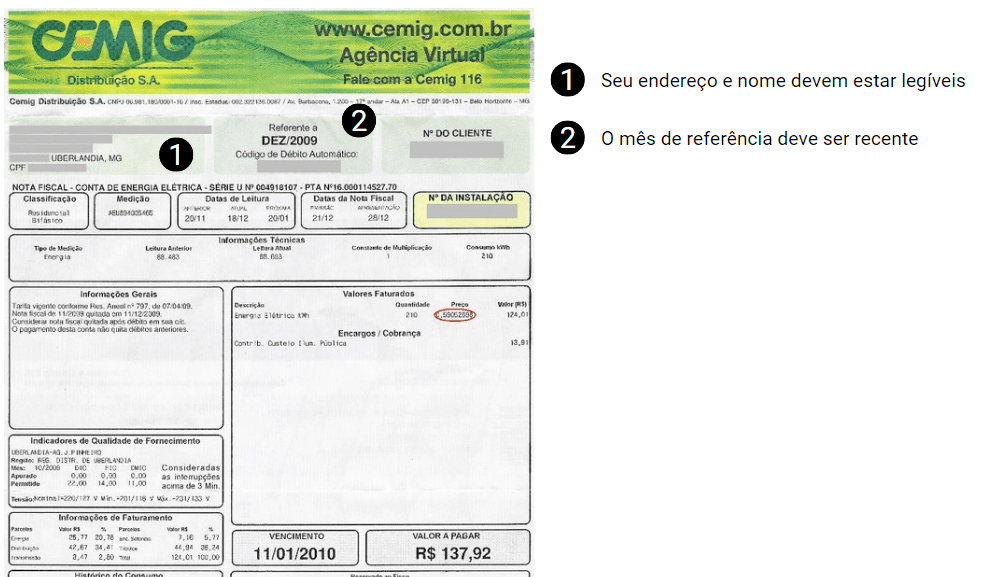 Foto descritiva de um comprovante de residencia com dados legíveis